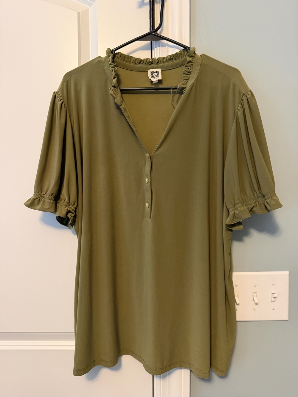 Anne Klein Olive Ruffle-Trim Henley Blouse